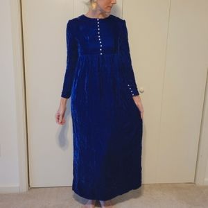 Vintage royal blue velvet empire waist dress with long sleeves